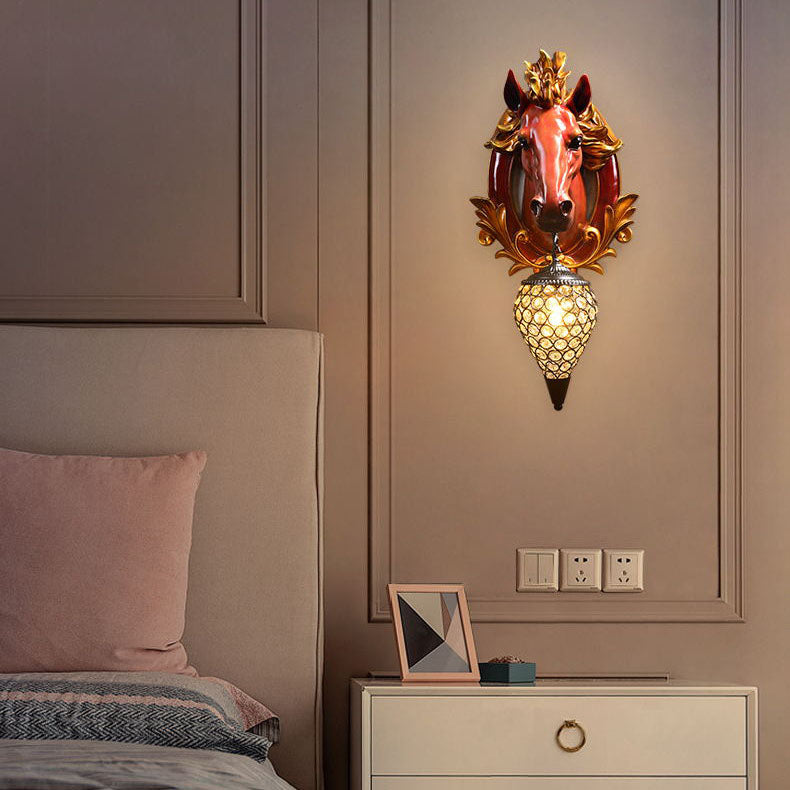Modern Eclectic Resin Horse Head Decor Crystal Round Shade 1-Light Wall Sconce Lamp For Living Room Lumendat