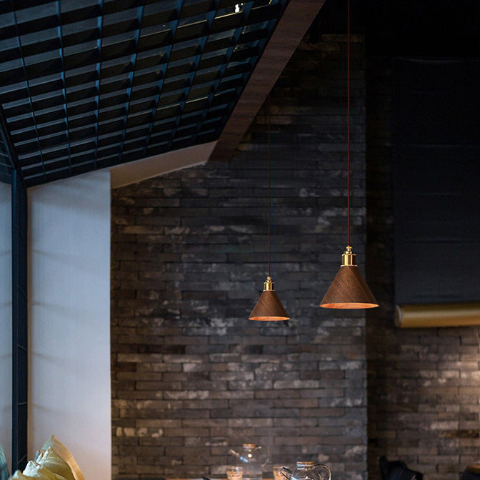 Modern Minimalist Solid Wood Cone Copper 1-light Pendant Light for Living Room BulbSquare