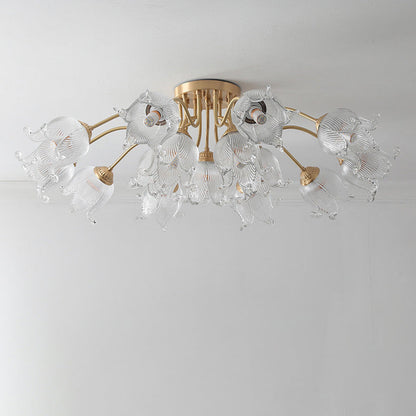 Traditional European Copper Glass Flower 5/12/15 Light Semi-Flush Mount Ceiling Light For Living Room
