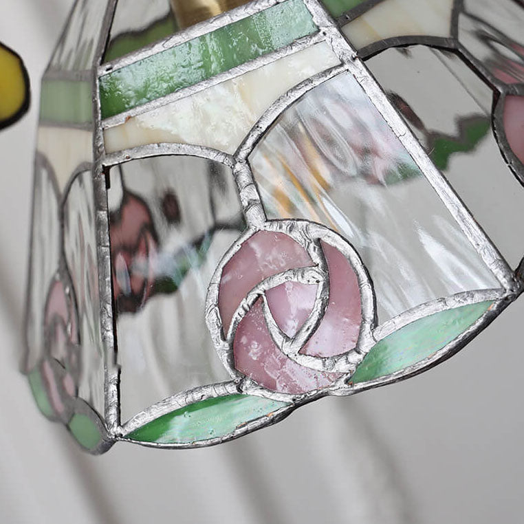 Vintage Tiffany Rose Flower Conical Stained Glass 1-light Pendant Light BulbSquare