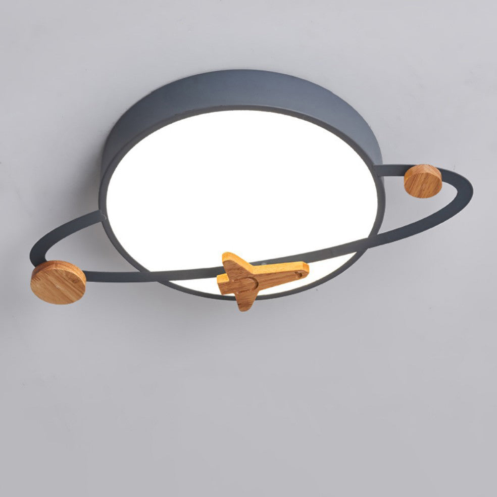 Lumendat Contemporary Scandinavian Iron Acrylic Wood Round Planet Design LED Kids Flush Mount Ceiling Light For Bedroom Lumendat