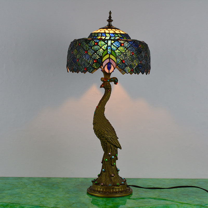 Vintage Tiffany Peacock Gem Dome Glass Resin 1-Light Table Lamp Lumendat