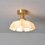 Japanese Vintage Cream Glass Floral Brass 1-Light Semi-Flush Mount Ceiling Light Lumendat