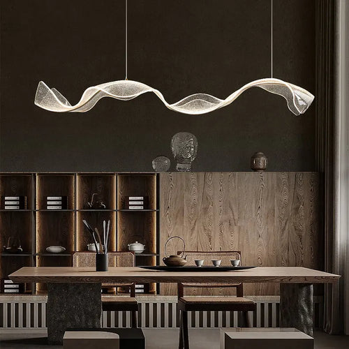 Contemporary Creative Rectangle Wave Ribbon Metal Acrylic LED Island Light Chandelier for Dining Room BulbSquare