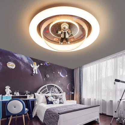 Contemporary Creative Cartoon Planet Resin Astronaut Acrylic Round Shade LED Kids Flush Mount Ceiling Light for Bedroom