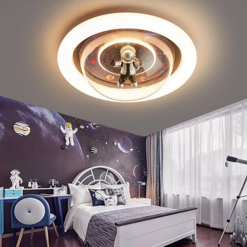 Contemporary Creative Cartoon Planet Resin Astronaut Acrylic Round Shade LED Kids Flush Mount Ceiling Light for Bedroom