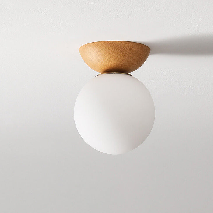 Japanese Minimalist Wood Grain Glass Round 1-Light Flush Mount Ceiling Light Lumendat