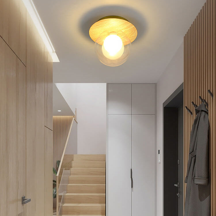 Japanese Minimalist Glass Iron Woodgrain 1-light Semi-flush Mount Ceiling Light