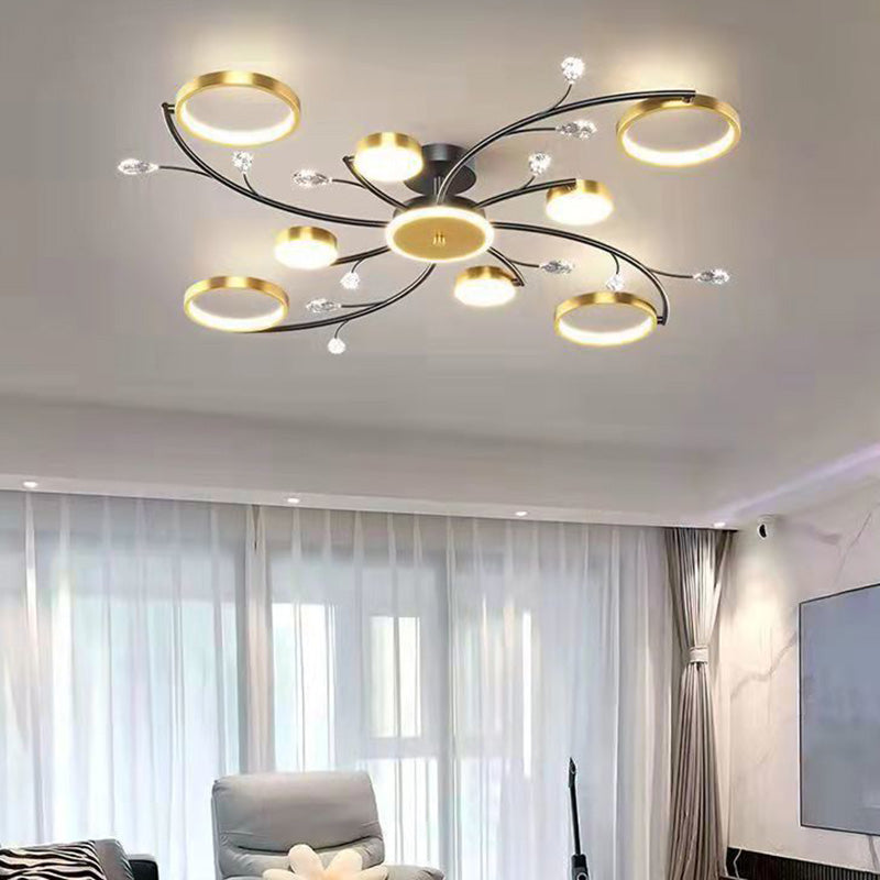 Modern Luxury Branch Round Metal Iron Acrylic Crystal Silicone LED Semi-flush Mount Ceiling Light for Living Room