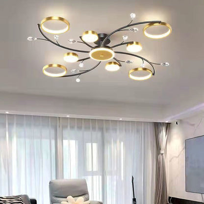 Modern Luxury Branch Round Metal Iron Acrylic Crystal Silicone LED Semi-flush Mount Ceiling Light for Living Room