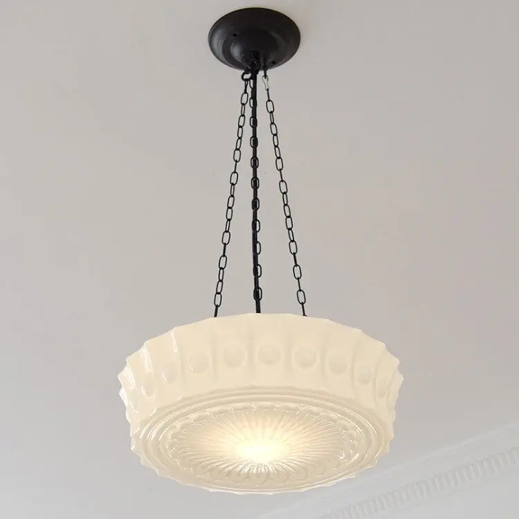 Traditional French Iron Glass Stripes Round Drum LED Semi-flush Mount Ceiling Light for Living Room & Bedroom Lumendat