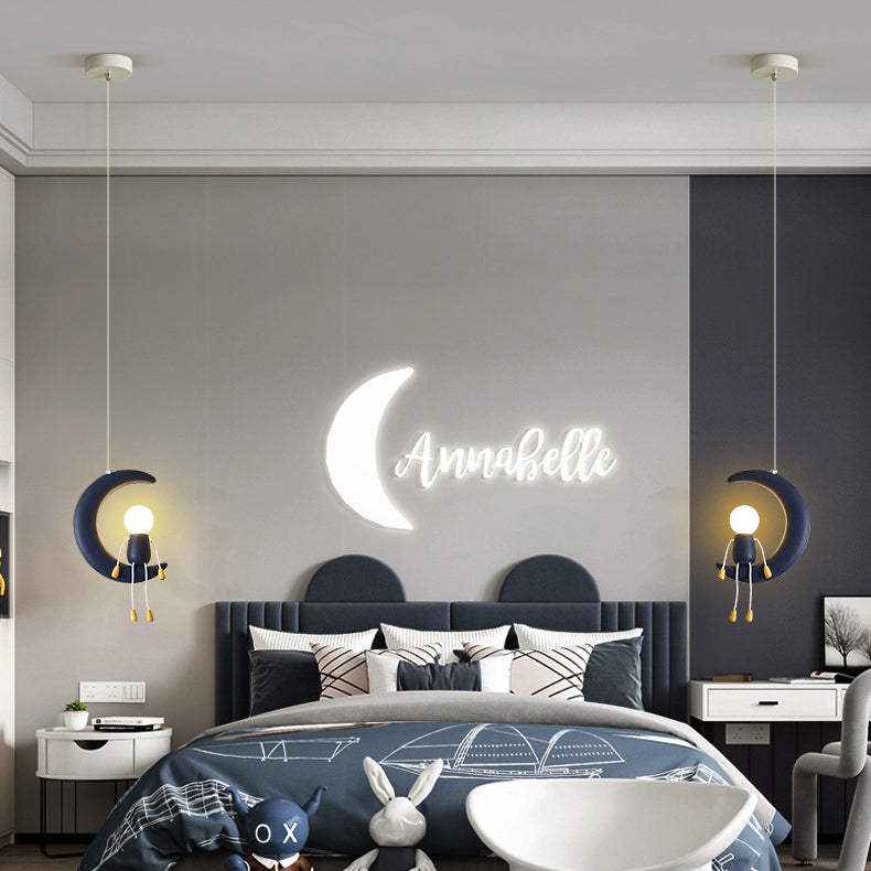Lumendat Contemporary Nordic Kids Iron Resin Glass Moon Doll 1-Light Pendant Light For Bedside Lumendat
