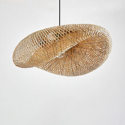Traditional Japanese Straw Hat Bamboo Weaving Iron 1-light Pendant for Dining Room