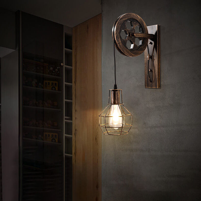 Vintage Industrial Iron Pulley Cage 1-Light Wall Sconce Lamp Lumendat