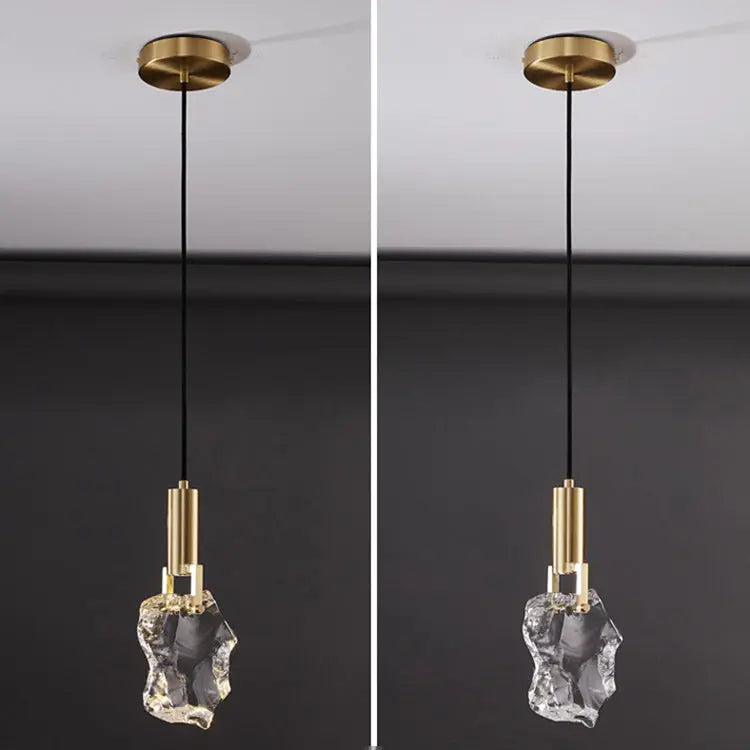 Modern Luxury Copper Irregular Crystal Stone LED Pendant Light for Living Room BulbSquare