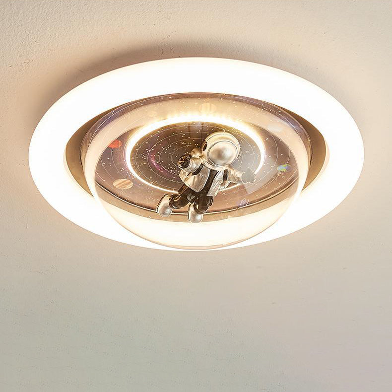 Contemporary Creative Cartoon Planet Resin Astronaut Acrylic Round Shade LED Kids Flush Mount Ceiling Light for Bedroom