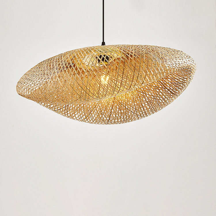 Traditional Japanese Straw Hat Bamboo Weaving Iron 1-light Pendant for Dining Room