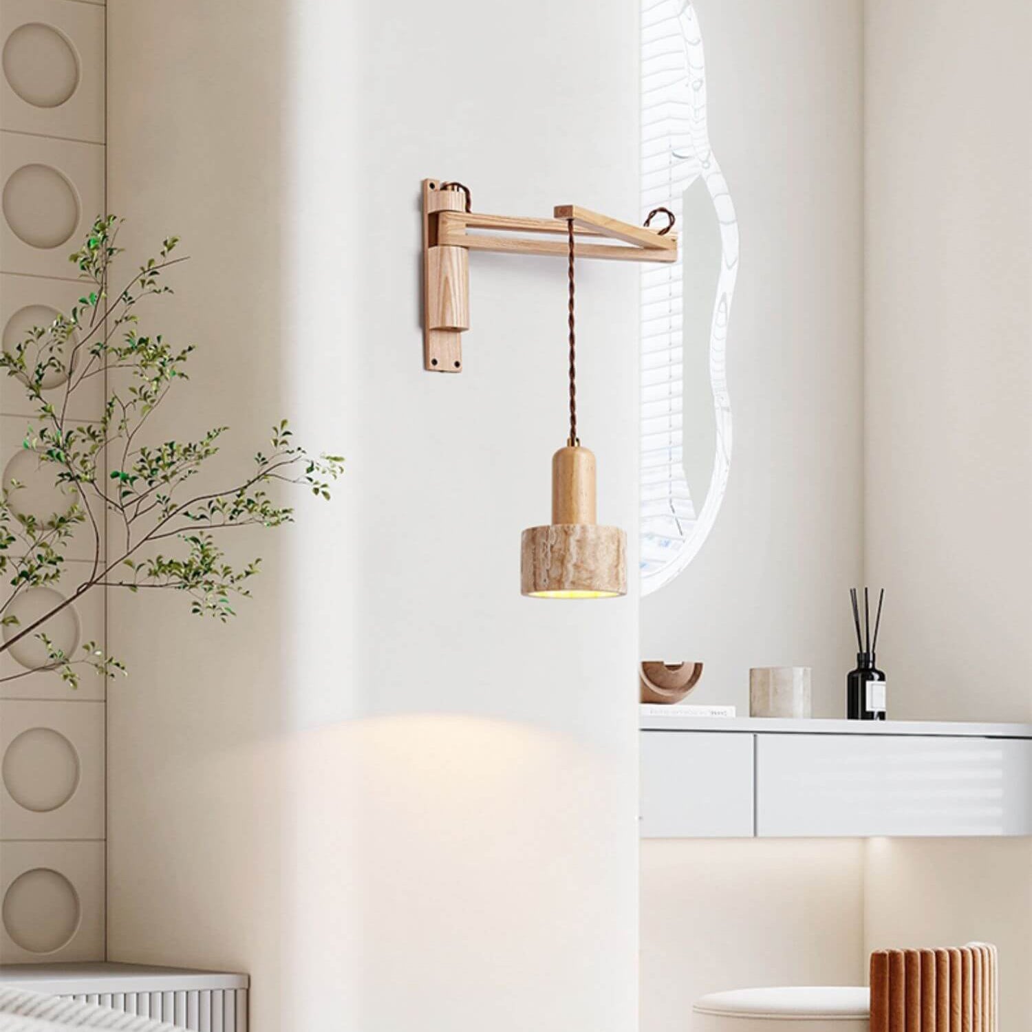 Japanese Modern Wood Retractable Folding 1-Light Wall Sconce Lamp Lumendat