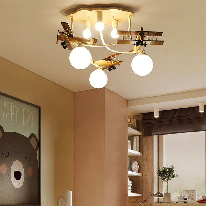 Contemporary Nordic Kids Iron Rubber Wood Glass Plane Cloud Ball 6-light Flush Mount Ceiling Light for Bedroom