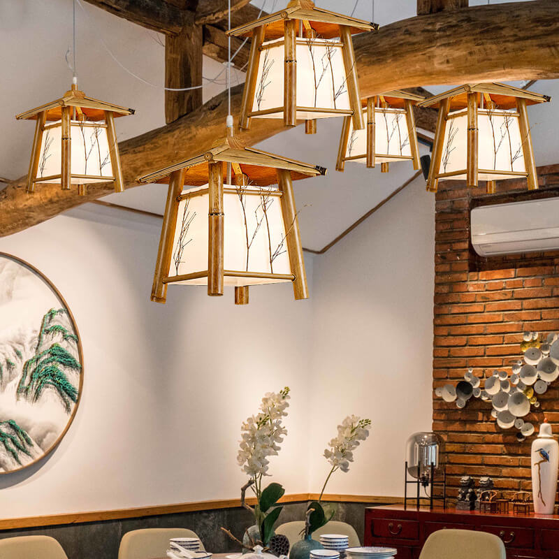 Japanese Rustic Vintage Bamboo Weaving 1-light Pendant Light BulbSquare