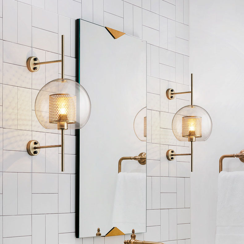 Contemporary Industrial Iron Finish Frame Spherical Glass Shade 1-Light Wall Sconce Lamp For Bedroom Lumendat