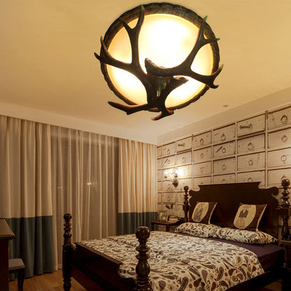 Vintage Industrial Antler Resin Glass Round 2/3/5 Light Flush Mount Ceiling Light