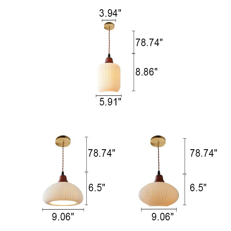 Japanese Vintage Pleated Ceramic Round Dome Wood 1-light Pendant Light Lumendat