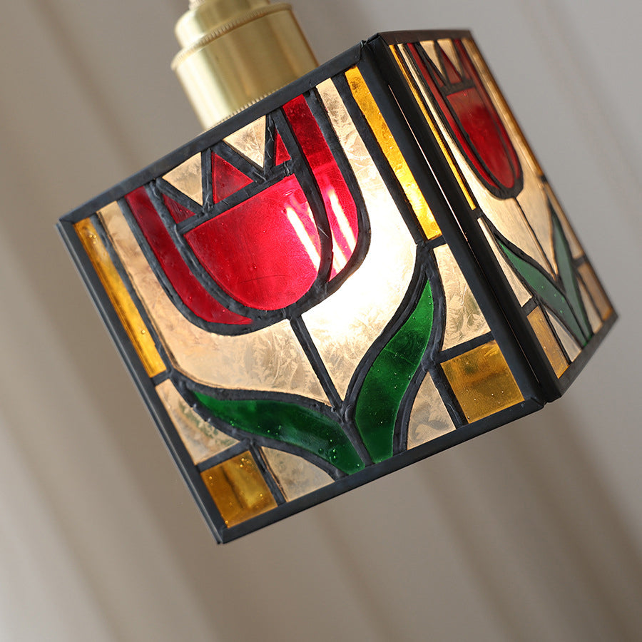 Traditional Tiffany Square Tulip Red Rose Rubik's Cube Brass Stained Glass 1-light Pendant Light for Living Room