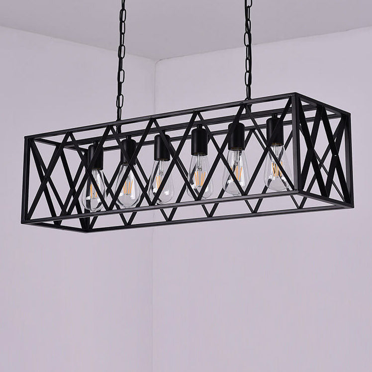 Traditional Farmhouse Rectangular Geometric Iron Cage 4/6 Light Island Light Chandelier for Dining Room