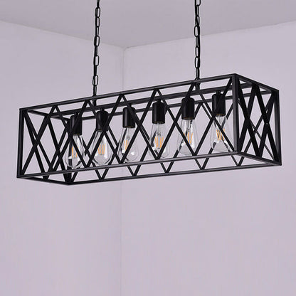 Traditional Farmhouse Rectangular Geometric Iron Cage 4/6 Light Island Light Chandelier for Dining Room