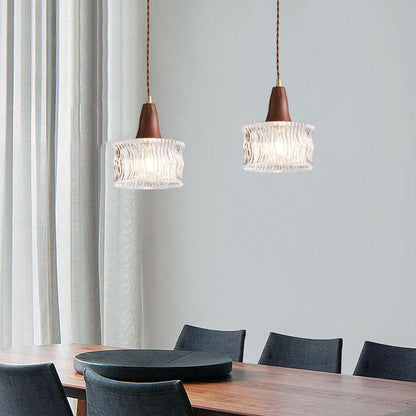 Nordic Vintage Glass Drum Jar Walnut Brass 1-Light Pendant Light