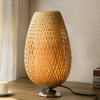 Traditional Chinese Moso Bamboo Wood Iron Weaving Oval Round 1-Light Table Lamp For Bedroom Lumendat