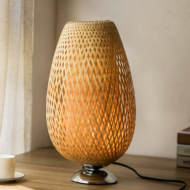 Traditional Chinese Moso Bamboo Wood Iron Weaving Oval Round 1-Light Table Lamp For Bedroom Lumendat