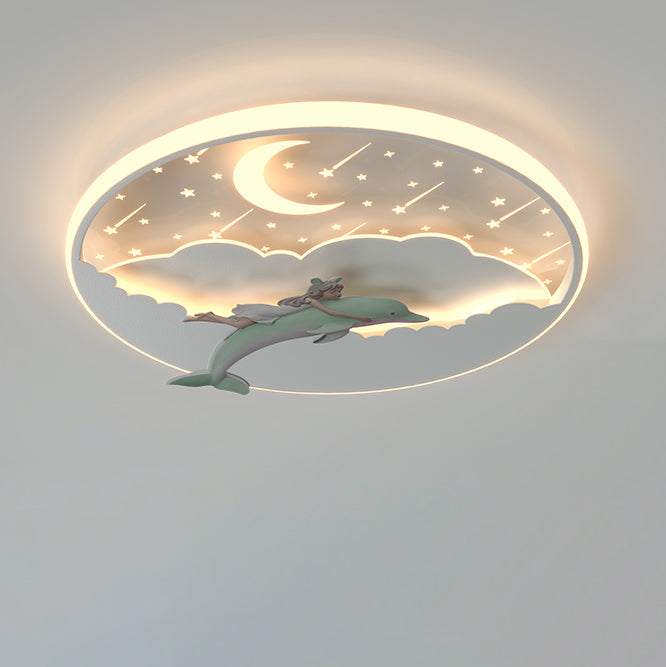 Modern Art Deco Dolphin Round Acrylic Iron LED Flush Mount Ceiling Light for Living Room