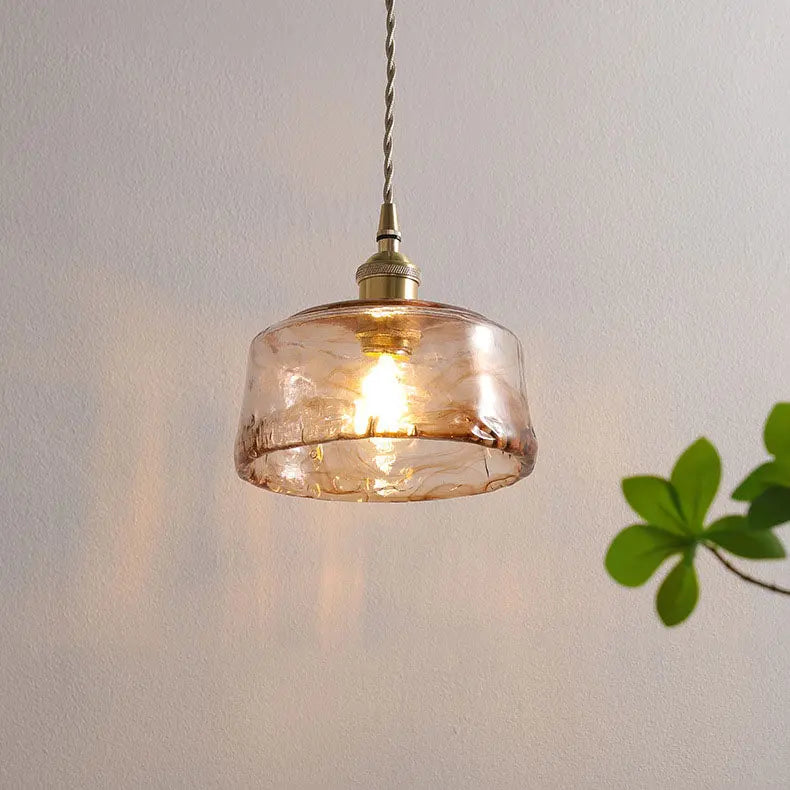 Vintage Amber Drum Round Glass Brass 1-light Pendant Light Lumendat