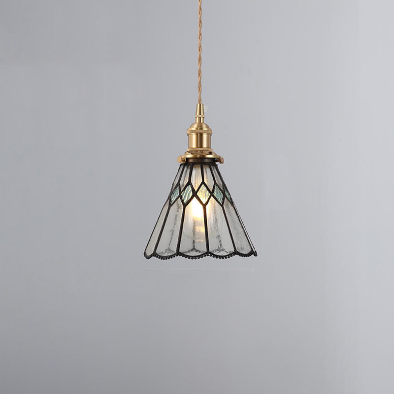 Japanese Vintage Brass Stained Glass Cone 1-light Pendant Light BulbSquare