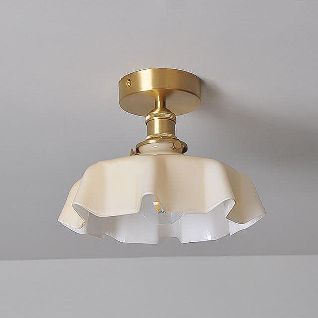 Japanese Vintage Cream Glass Floral Brass 1-Light Semi-Flush Mount Ceiling Light Lumendat