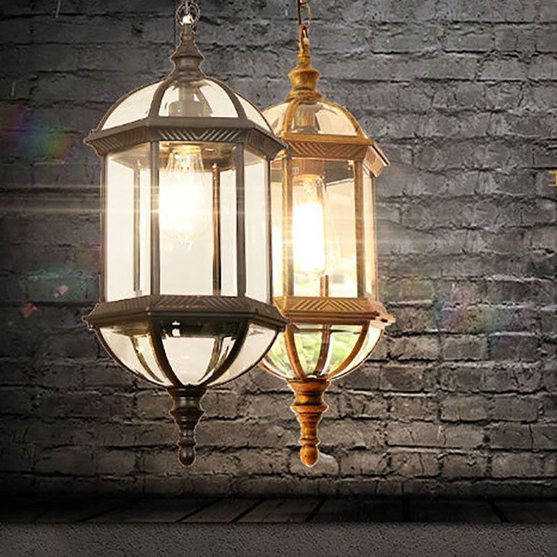 Contemporary Retro Hexagonal Lantern Glass Aluminum 1-light Waterproof Pendant Light for Outdoor Patio BulbSquare