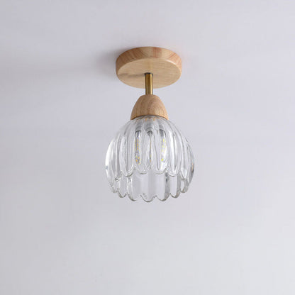 Japanese Vintage Wood Glass Cone Flower 1-light Semi-flush Mount Ceiling Light