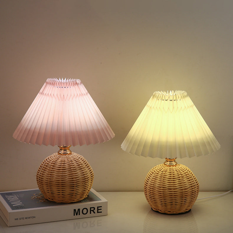 Contemporary Nordic Rattan Fabric Pleated Conic Ball LED Table Lamp For Bedroom Lumendat