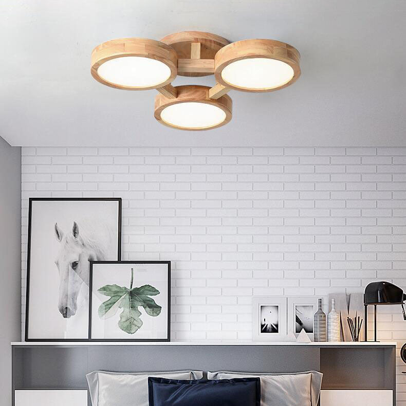 Contemporary Scandinavian Round Rubberwood LED Flush Mount Ceiling Light for Living Room
