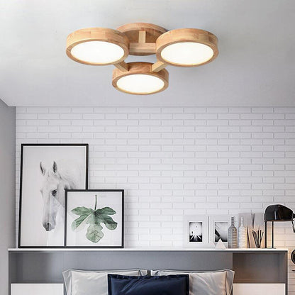 Contemporary Scandinavian Round Rubberwood LED Flush Mount Ceiling Light for Living Room