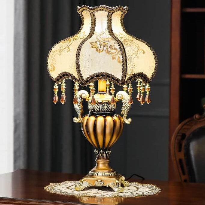 Traditional European Vintage Fabric Beaded Curtain Resin Base Palace 1-Light Table Lamp For Study Lumendat