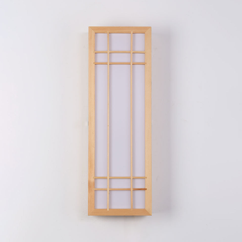 Traditional Japanese Rectangle Solid Wood Acrylic LED Wall Sconce Lamp For Bedroom