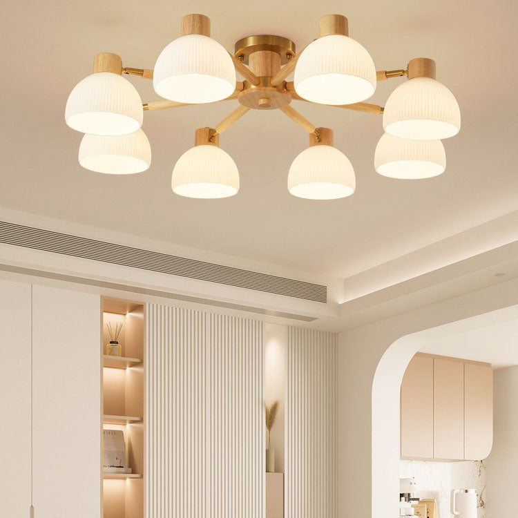 Traditional Japanese Wabi-sabi Rubberwood Hardware Glass 3/6/8-Light Flush Mount Lighting For Living Room Lumendat