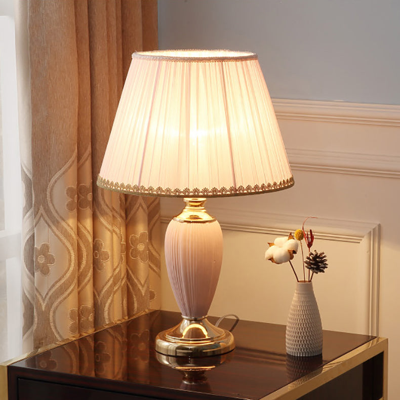 Traditional European Pleated Fabric Shade Ceramic Column Base 1-Light Table Lamp For Study Lumendat