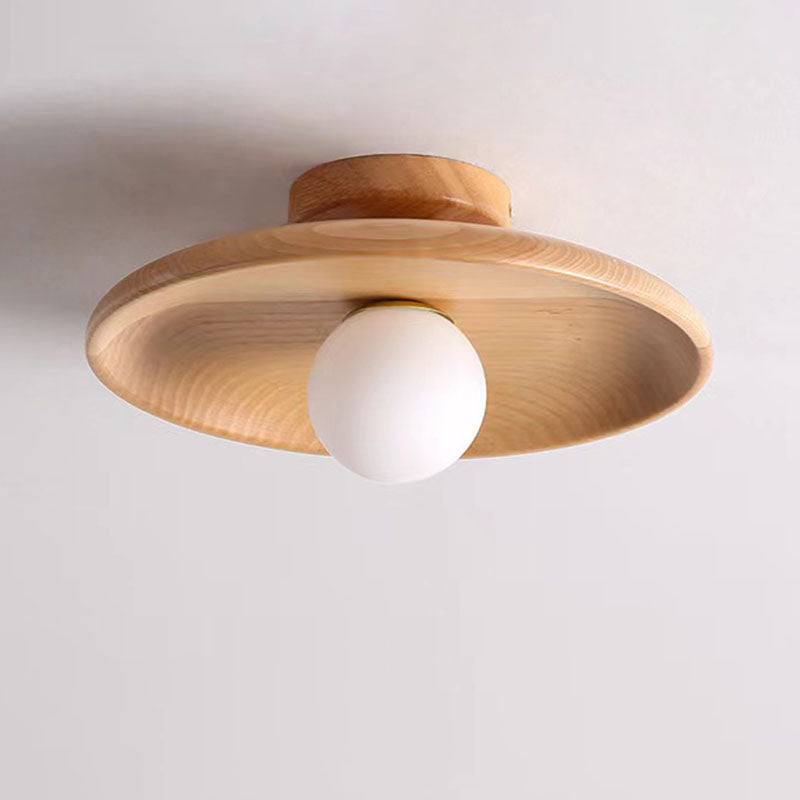Modern Simplicity Rubberwood Glass Round 1-Light Semi-Flush Mount Ceiling Light For Hallway Lumendat
