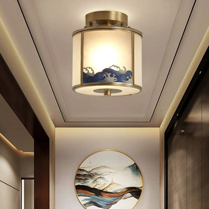 Traditional Chinese Painting Cylinder Copper Solder 1-Light Semi-Flush Mount Ceiling Light For Bedroom