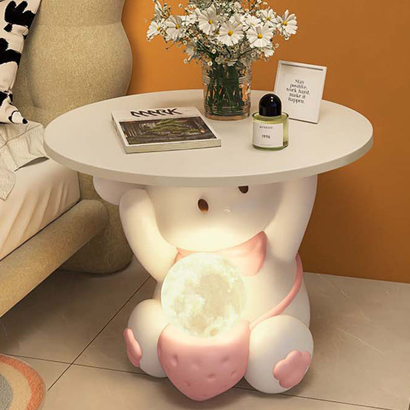Lumendat Modern Art Deco Kids Rabbit Round Plate Rectangular Drawer Resin Wood Enamel End Table 1-Drawer With LED Light For Bedroom Lumendat