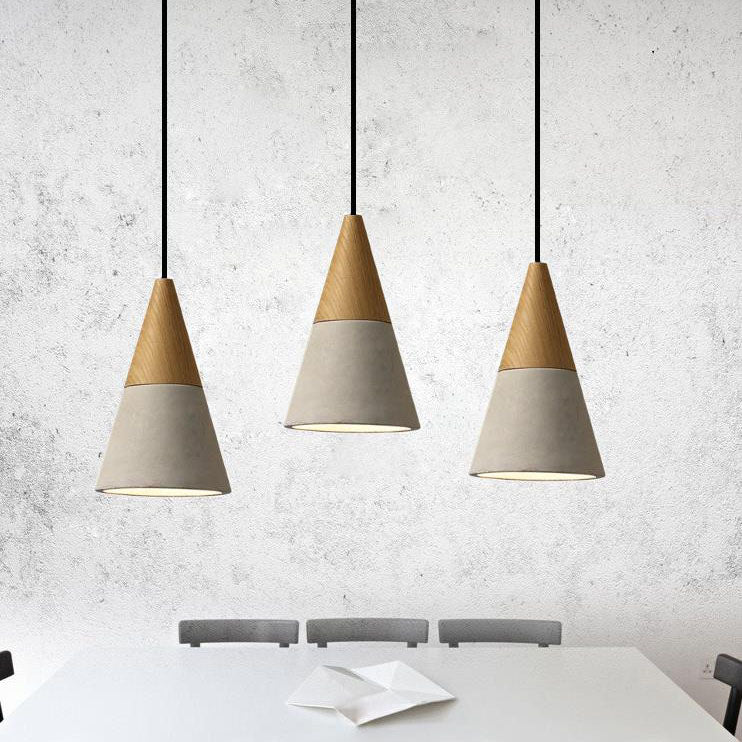 Contemporary Industrial Round Cone Triangle Cement Rubber Wood 1-light Pendant Light for Living Room BulbSquare